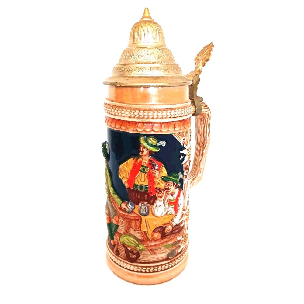 Gerz W Germany Lidded Beer Stein Hand Painted Cobalt Blue Relief Scene Vintage